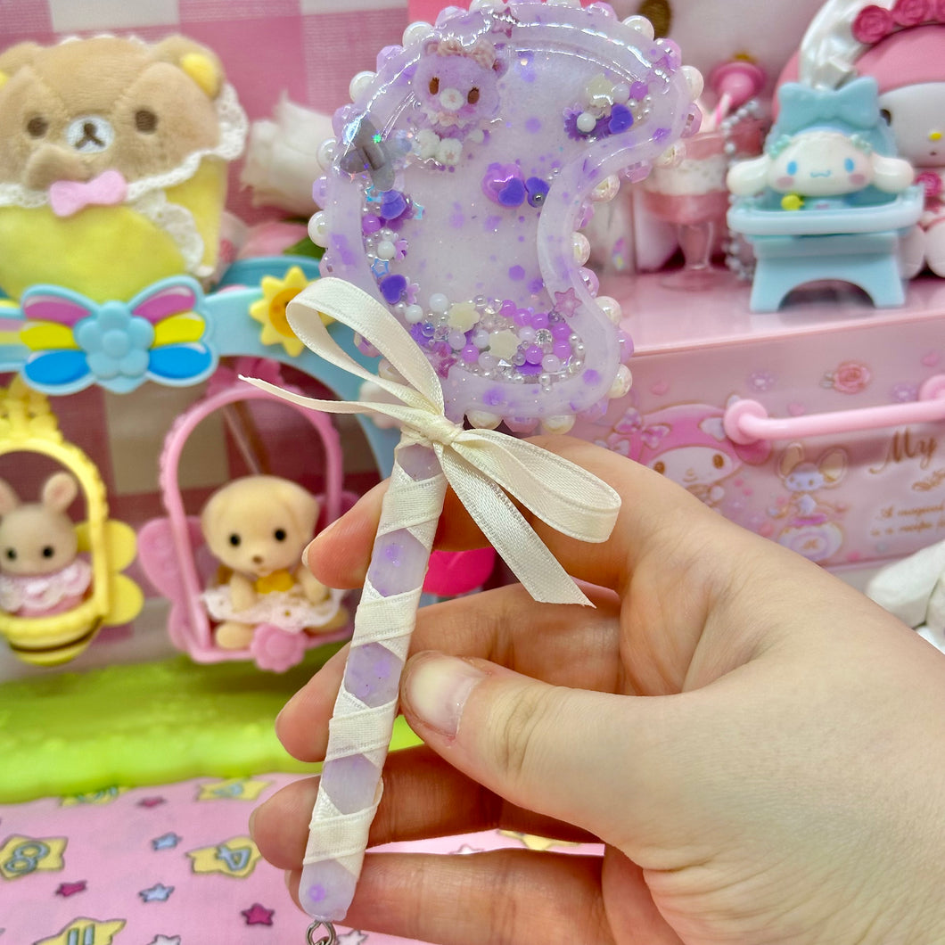 Purple Moon Kitty Resin Rattle Shaker Wand with Removable Charm