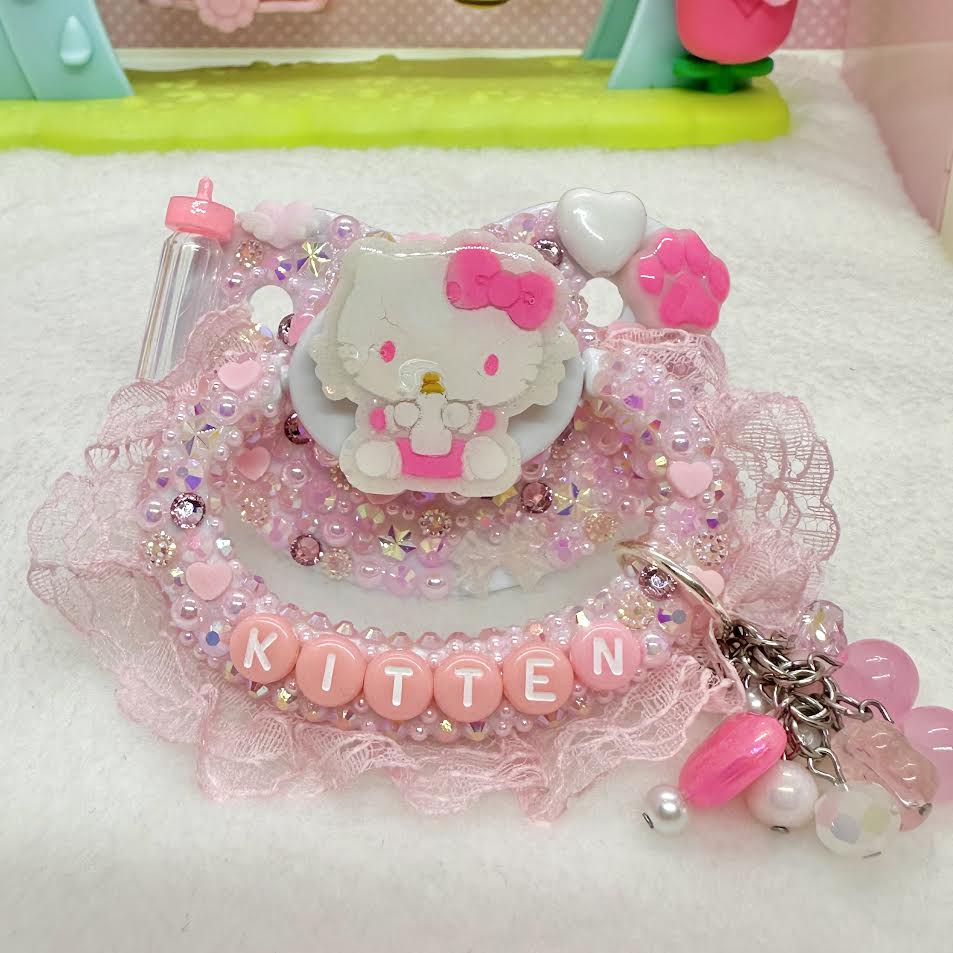 Baby Kitty Lace Handle Fully Encrusted Adult Pacifier with Handle Charm