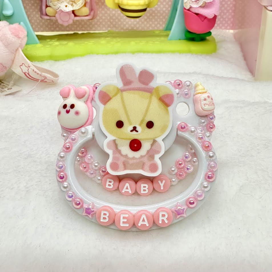 adult deco pacifier paci shop custom decorated binky for age regression store agere ddlg dd lg daddy dom little girl abdl baby diaper lover kawaii littlespace little space rhinestone deluxe kawaii pink bear rilakkuma baby bunny bottle