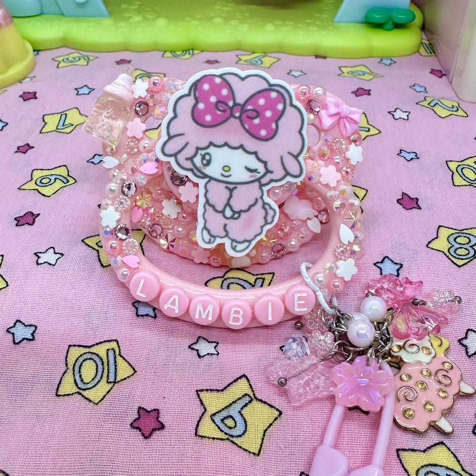 Pink Sakura Lamby Decorated Adult Pacifier with Handle Charm