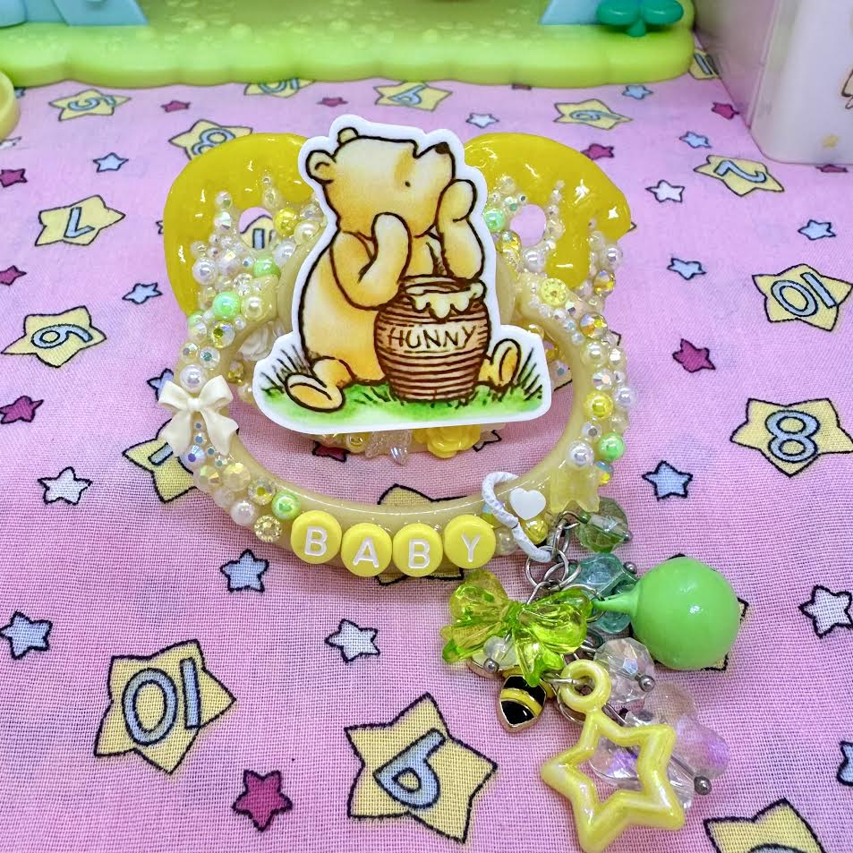 Yellow Gold Winnie The Pooh Decorated Adult Pacifier with Handle Charm