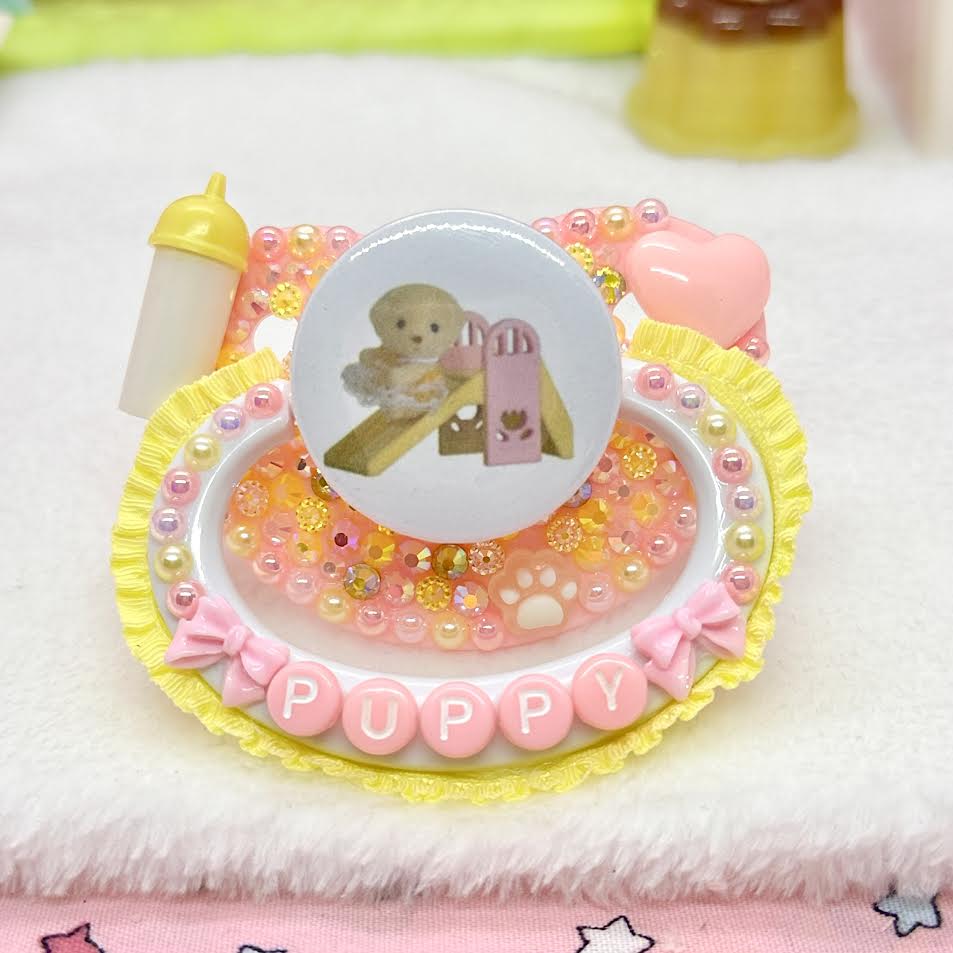 Yellow Puppy Slide Critter Deco Adult Pacifier