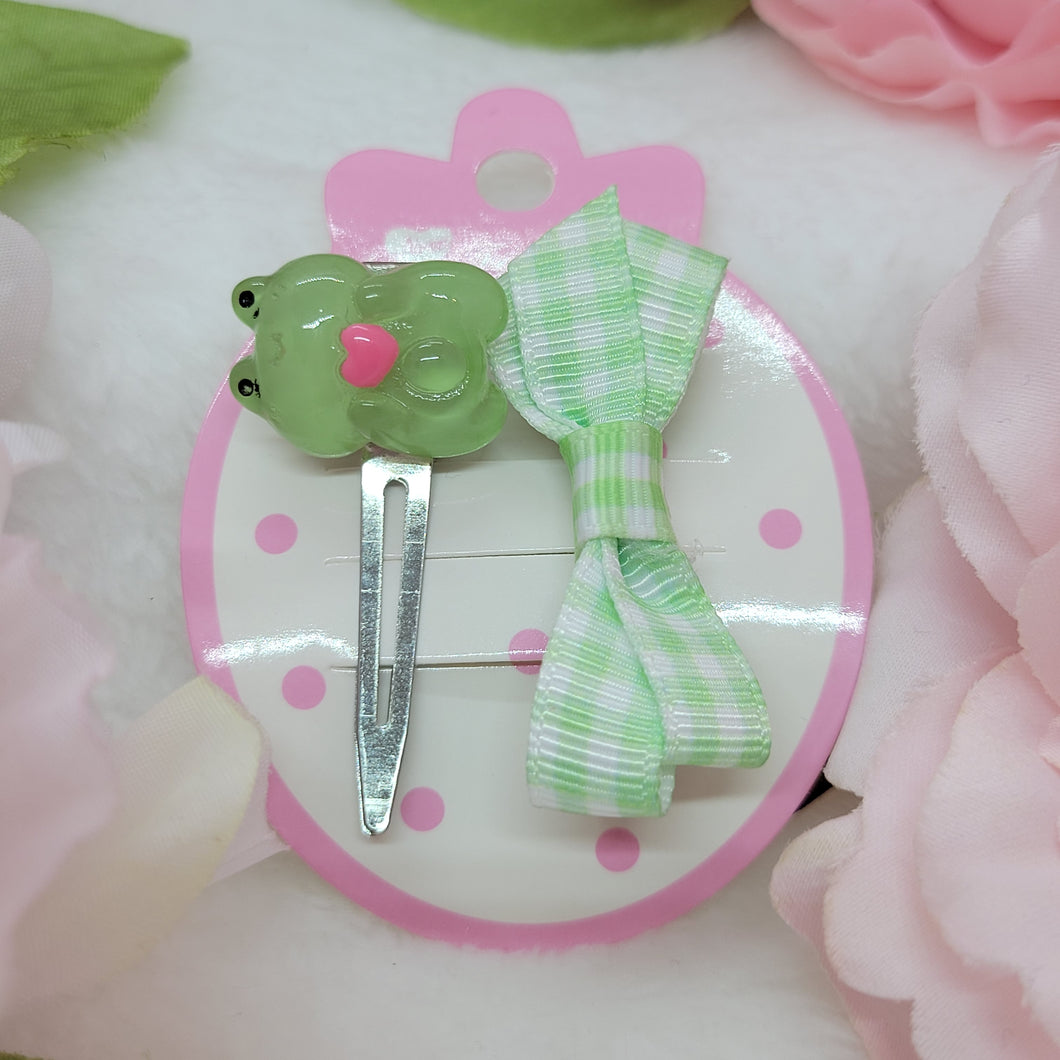 Heart Froggy Charm and Green Gingham Bow Hair Clips